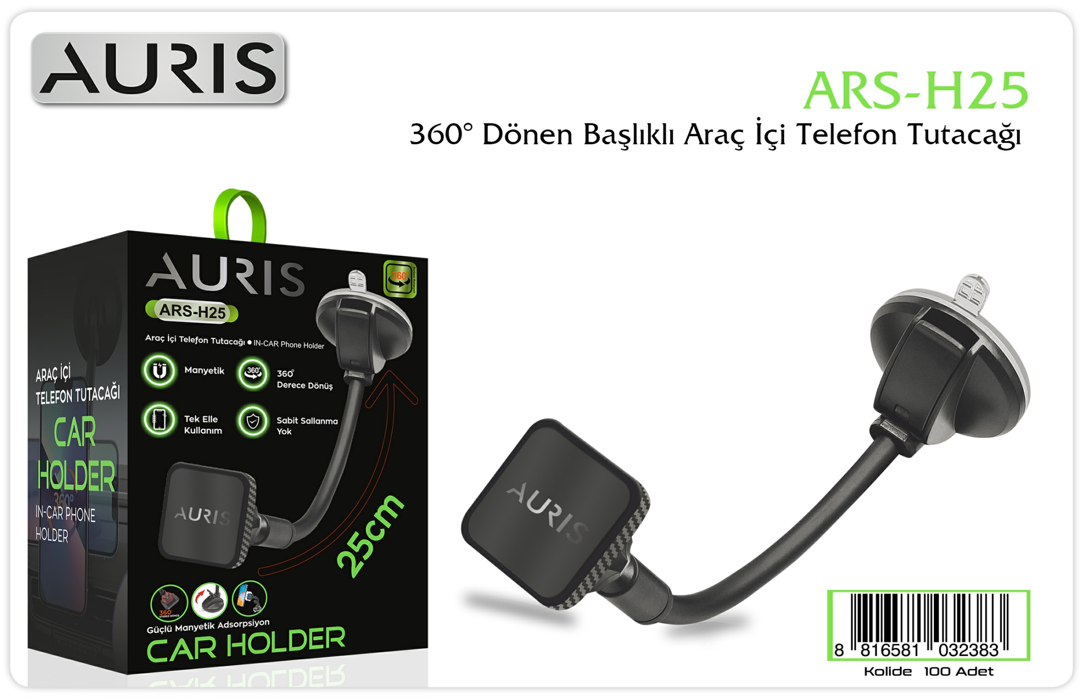 Auris H25 Vantuzlu Manyetik Araç İçi Telefon Tutucu